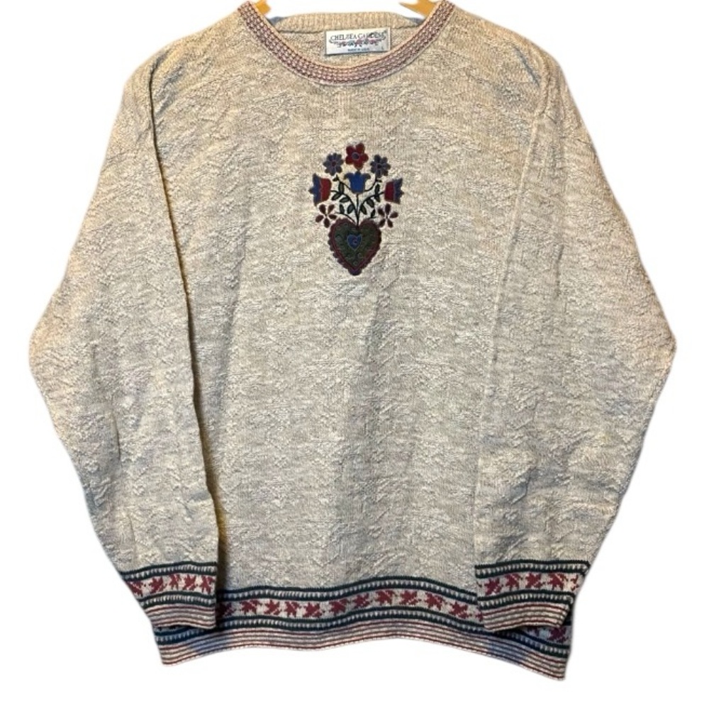 Vintage Cottagecore Pullover Women’s Large Chelsea Garden Floral Knit Sweater